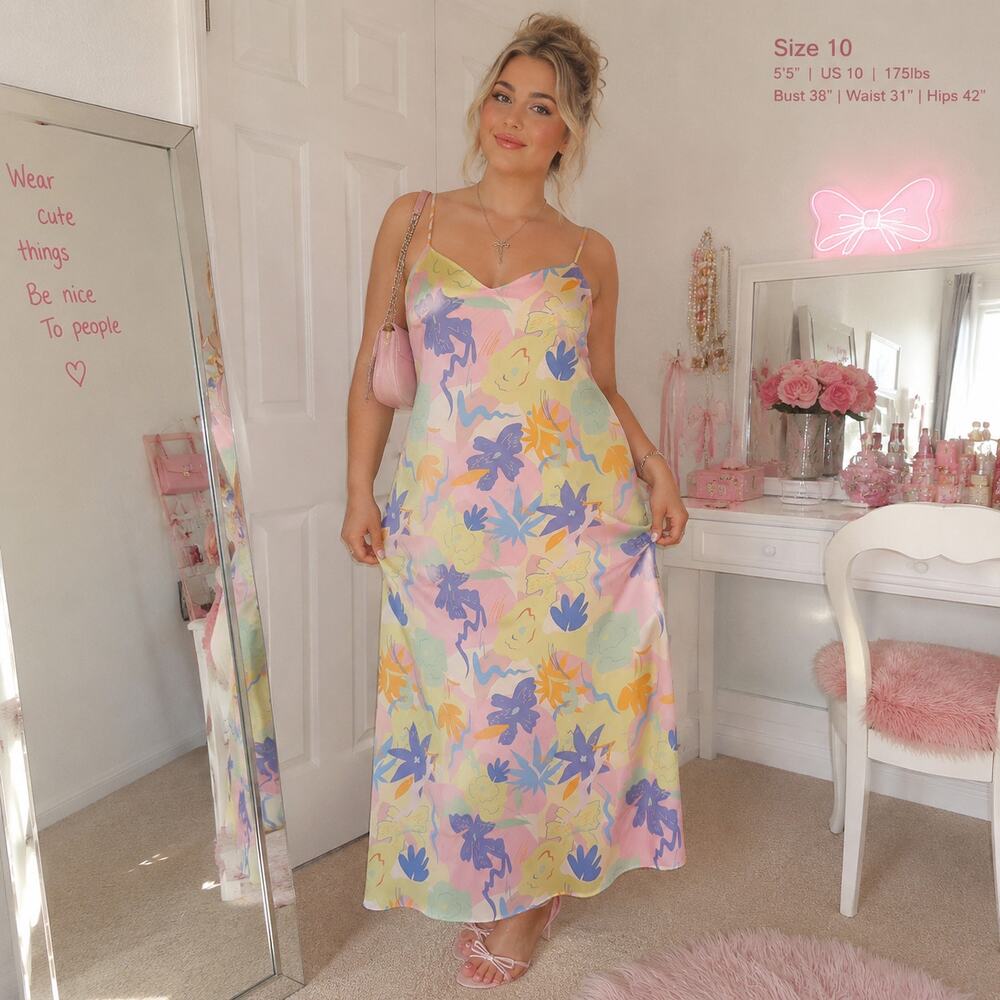 Chi Chi Satin Slip Dress Sz 10 Y2K Coquette Pastel Florall Festival Maxi Resort